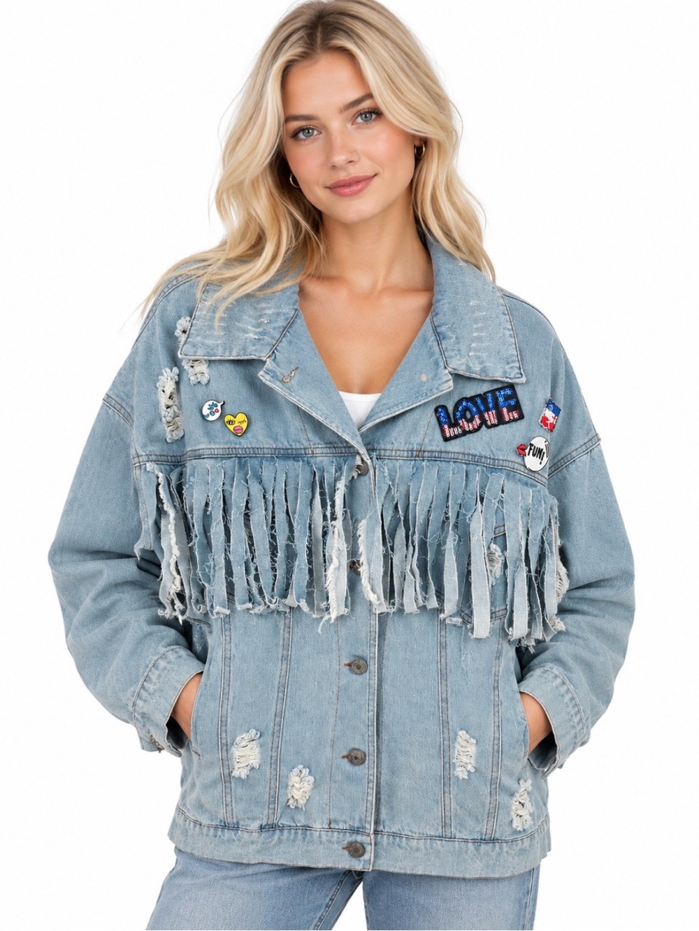 POL Wash distressed Denim Fringe Jacket with decorative pins